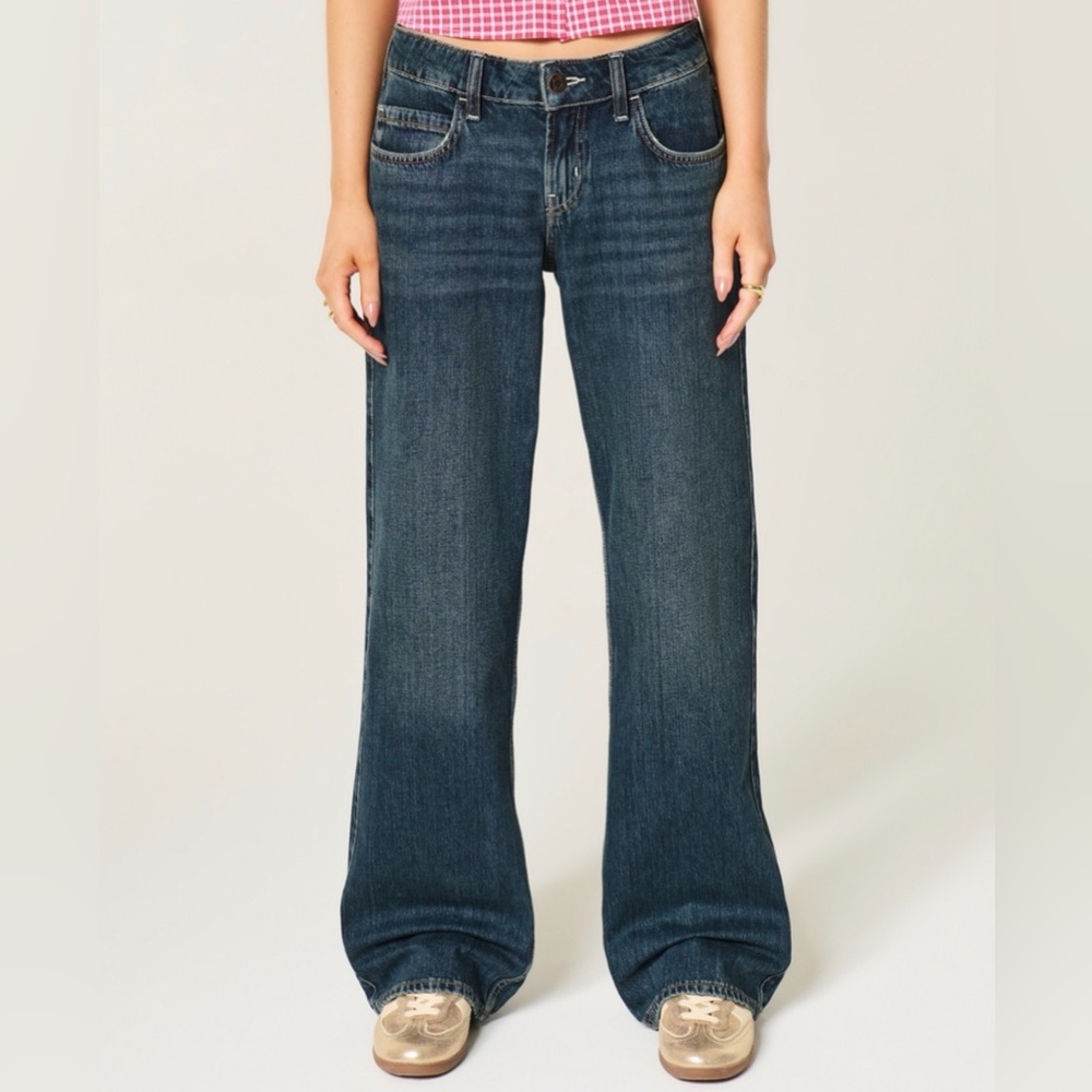 Long Hollister Low Rise Baggy Jeans Dark Blue Oversized Boyfriend Jeans Y2K W33